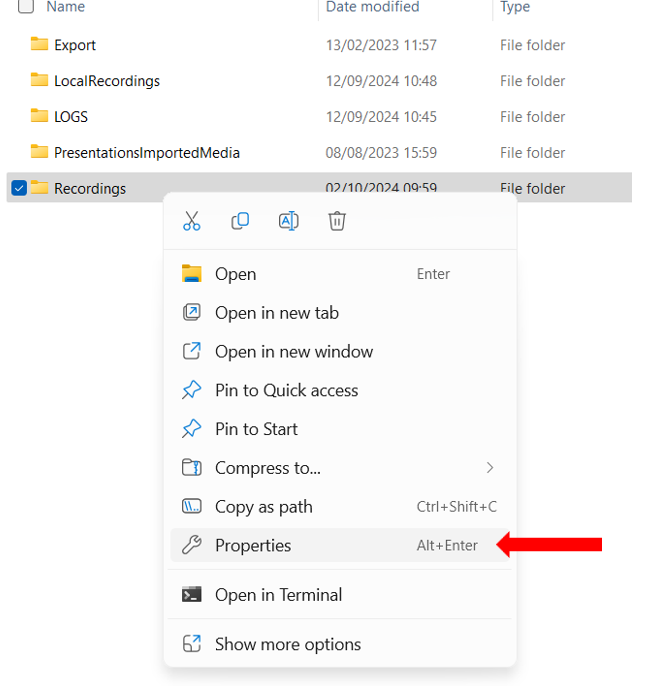 Focus server - recordings folder properties.png